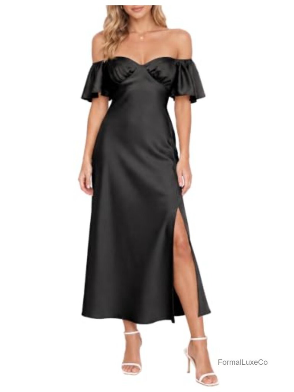 Satin Off Shoulder Midi Dress Ruffle Sleeve Cocktail Wedding Guest